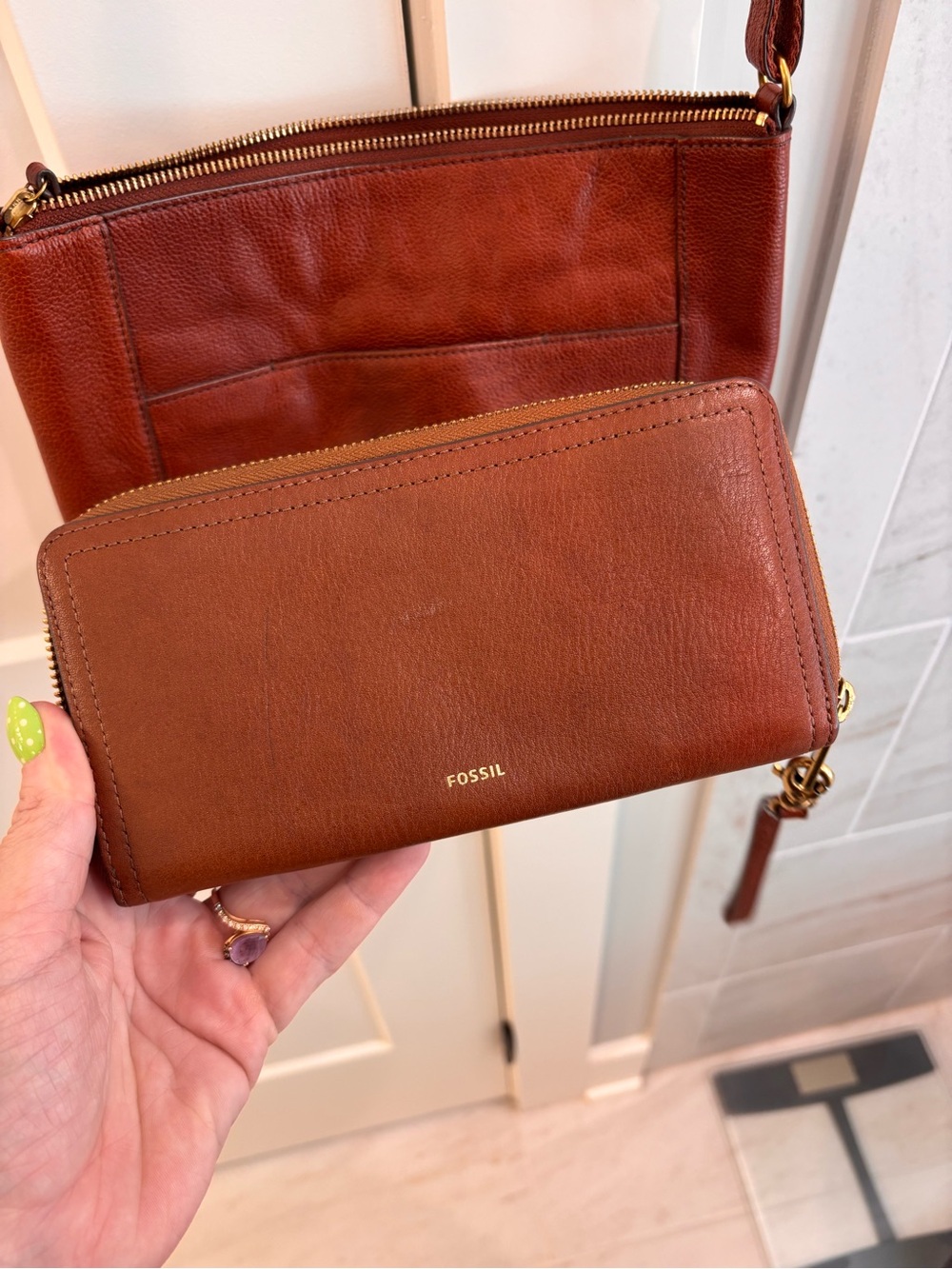 Fossil Brown Leather Zip Wallet and Crossbody Set
